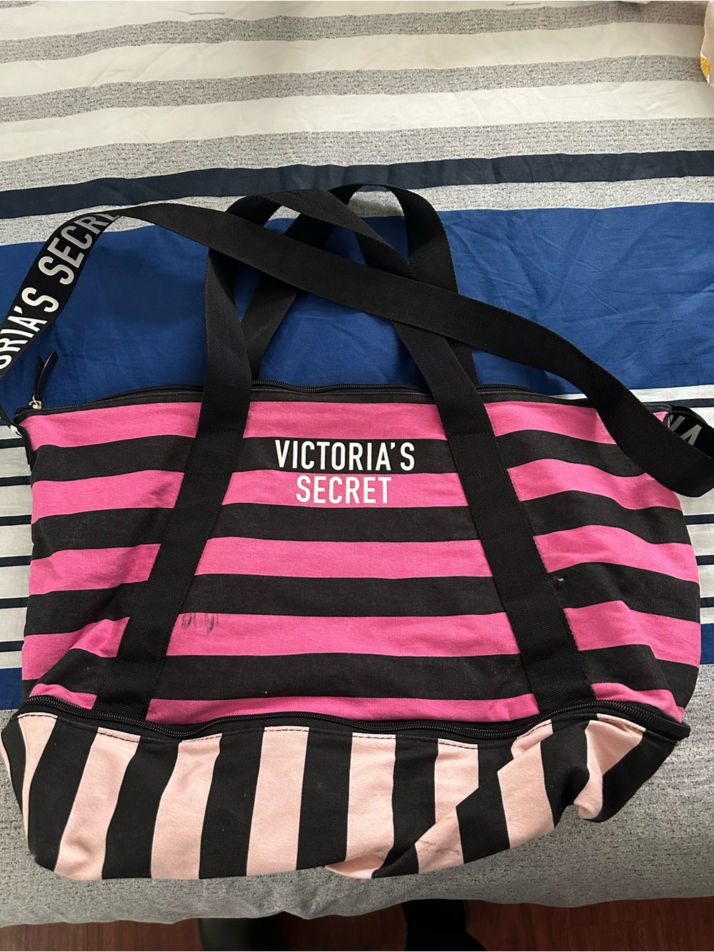 Victoria's Secret Black & Pink Striped Canvas Tote